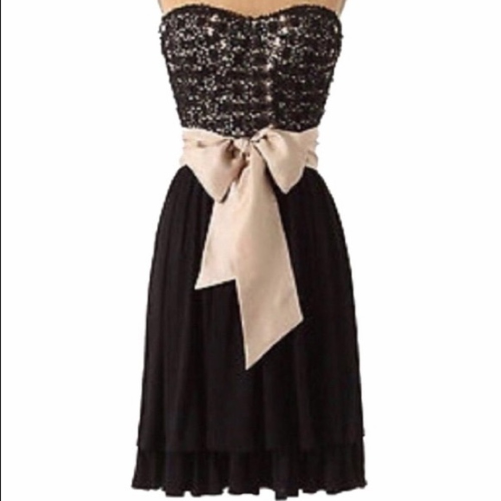 Anthro "Lace & Light" Strapless Black Sequin Bustier Dress with Cream Bow